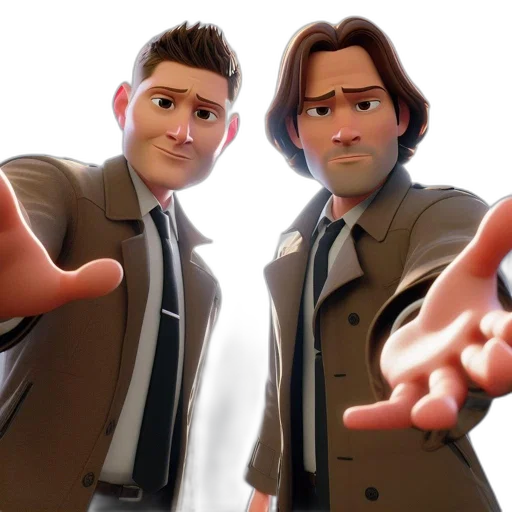 jacket, concept art, 3d render, cartoon, comic book art, two, characters, formal transparent PNG cut-out