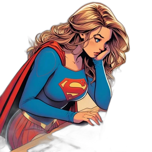 comic book art, concept art, cartoon, fantasy art, supergirl, costume, depicted, seated transparent PNG cut-out