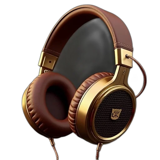 3d render, photorealistic, pair, brown, gold, over-ear, headphones, black transparent PNG cut-out