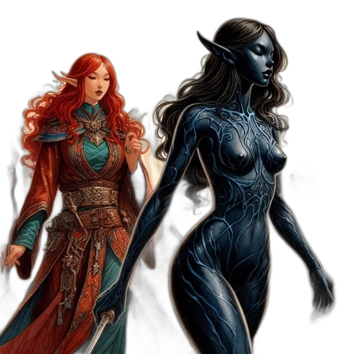 concept art, fantasy art, comic book art, dark, blue, red, fantastical, scene transparent PNG cut-out