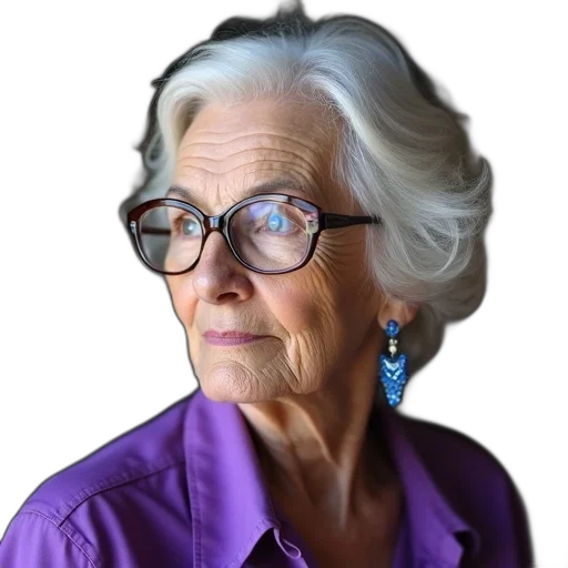 face, staff, jewelry, jacket, elderly, woman, purple, shirt transparent PNG cut-out