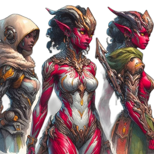 concept art, fantasy art, comic book art, red, colorful, three, female, characters transparent PNG cut-out