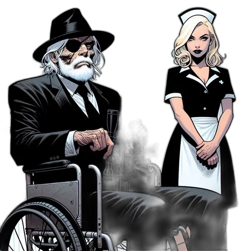 comic book art, concept art, cartoon, elderly, man, beard, seated, wheelchair transparent PNG cut-out