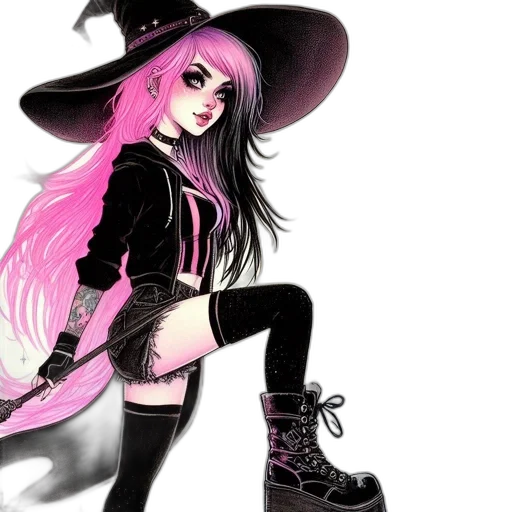 hat, fantasy art, comic book art, concept art, cartoon, dark, monochrome, neon transparent PNG cut-out