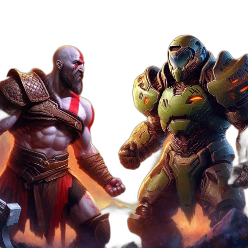 concept art, comic book art, fantasy art, 3d render, two, combatants, face, each transparent PNG cut-out
