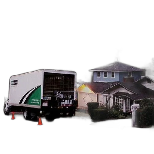3d render, photorealistic, moving, truck, parked, front, house, tent transparent PNG cut-out