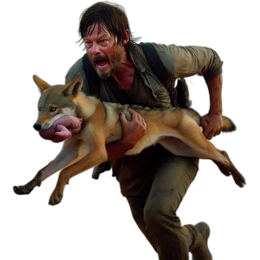 animal, weapon, concept art, photorealistic, man, rugged, outfit, runs transparent PNG cut-out