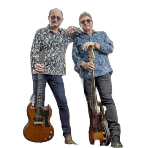 two, musicians, pose, their, guitars, front, stadium, wearing transparent PNG cut-out