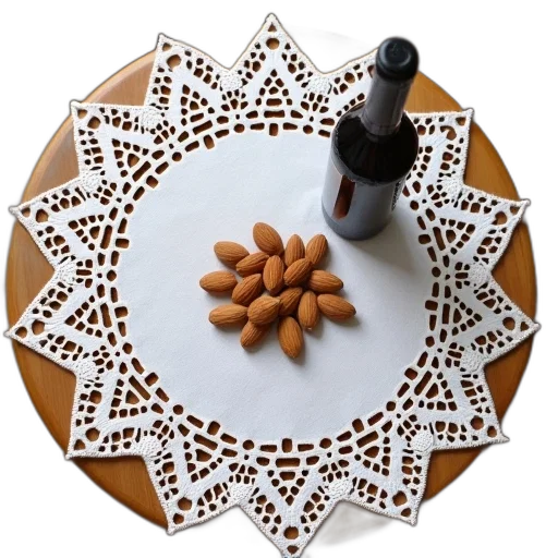 food, round, wooden, table, white, lace, tablecloth, featuring transparent PNG cut-out