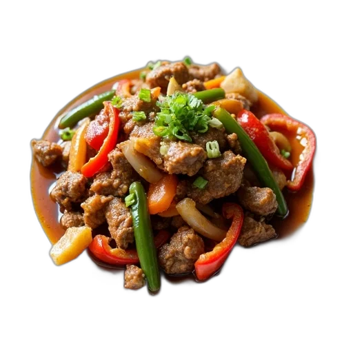 food, 3d render, photorealistic, plate, meat, vegetable, stir-fry, variety transparent PNG cut-out