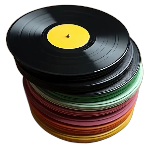 3d render, colorful, stack, vinyl, records, various, colored, labels transparent PNG cut-out