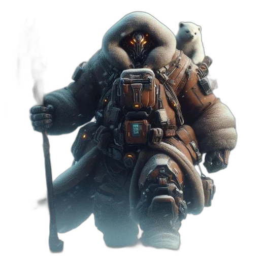 jacket, mask, weapon, staff, concept art, cyberpunk, 3d render, fantasy art transparent PNG cut-out