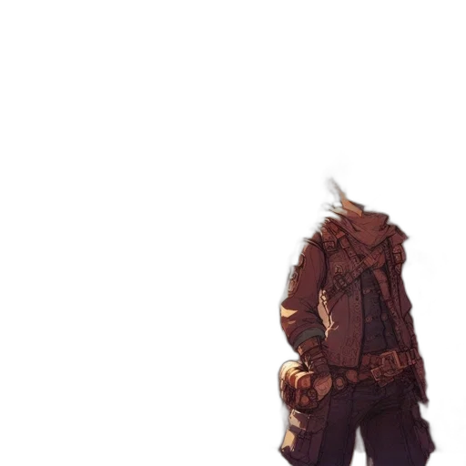 jacket, creature, mask, weapon, concept art, pixel art, fantasy art, watercolor transparent PNG cut-out