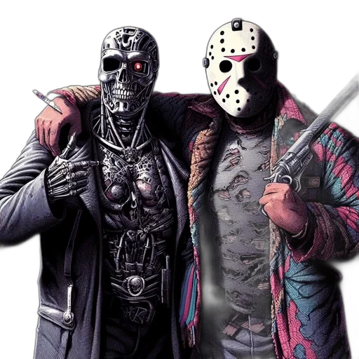 mask, concept art, comic book art, two, characters, pose, against, dark transparent PNG cut-out