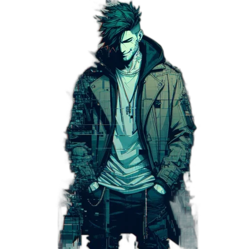 jacket, mask, concept art, comic book art, cyberpunk, pixel art, neon lights, green transparent PNG cut-out