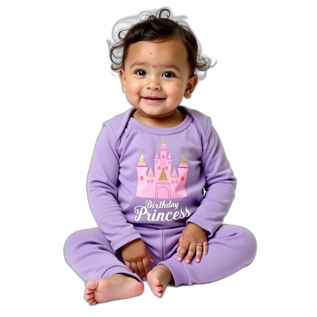 toddler, wearing, purple, onesie, birthday, princess, design, front transparent PNG cut-out