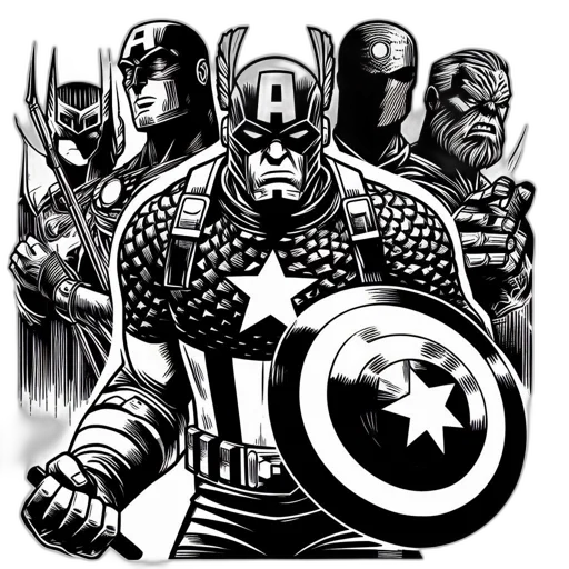 comic book art, concept art, cartoon, captain, america, stands, forefront, iconic transparent PNG cut-out