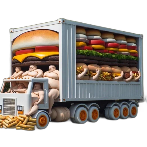 food, car, concept art, photorealistic, 3d render, oversized, sandwich-shaped, truck transparent PNG cut-out