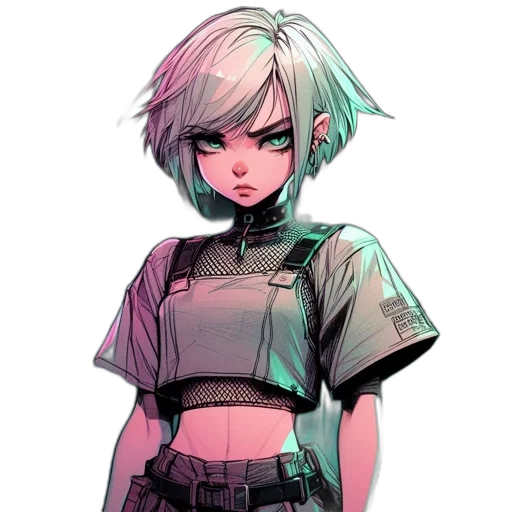 jacket, staff, face, robot, cyberpunk, concept art, pixel art, anime transparent PNG cut-out
