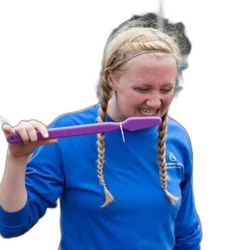 staff, hair, sword, weapon, woman, blue, shirt, holds transparent PNG cut-out