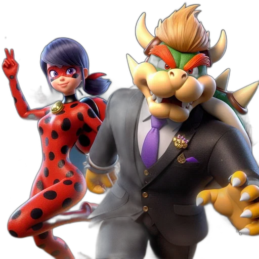 concept art, 3d render, two, animated, characters, interact, ladybug-like, woman transparent PNG cut-out