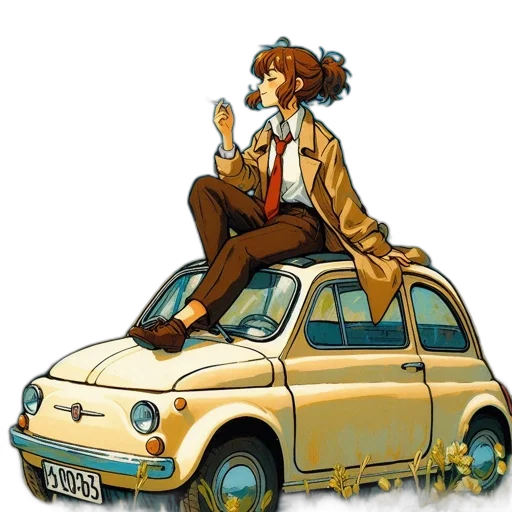 car, concept art, cartoon, comic book art, watercolor, city street, young, woman transparent PNG cut-out