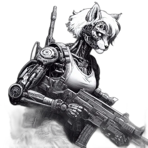 robot, weapon, staff, cyberpunk, concept art, fantasy art, comic book art, monochrome transparent PNG cut-out