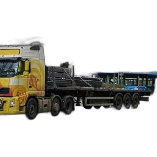 large, yellow, white, flatbed, truck, black, bed, driving transparent PNG cut-out