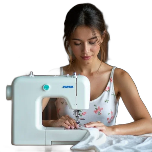 dress, jewelry, robot, face, woman, sitting, sewing, machine transparent PNG cut-out