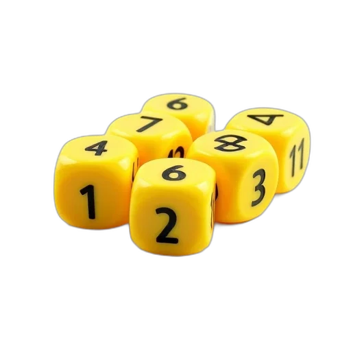 jewelry, weapon, 3d render, set, six, yellow, dice, black transparent PNG cut-out