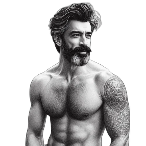 pencil sketch, photorealistic, cartoon, comic book art, muscular, man, stand, shirtless transparent PNG cut-out