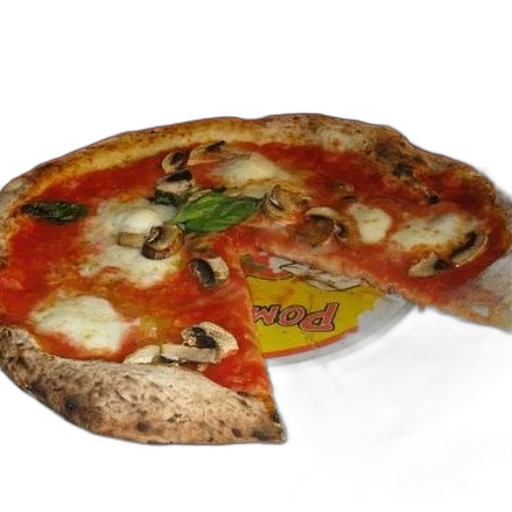 food, weapon, 3d render, photorealistic, pizza, mushrooms, cheese, white transparent PNG cut-out
