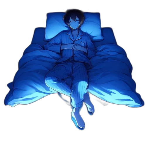 pixel art, vaporwave, concept art, anime, blue, boy, lies, bed transparent PNG cut-out