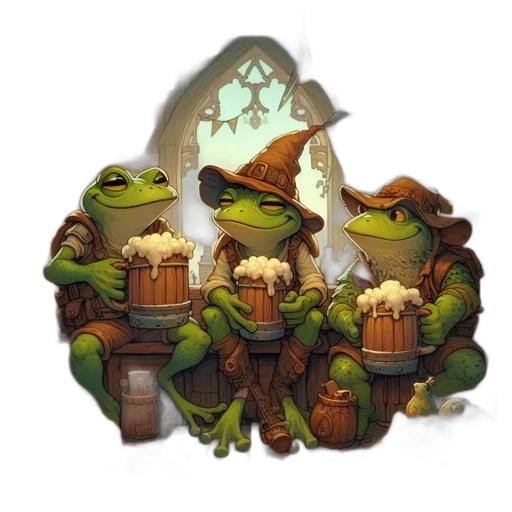 staff, concept art, fantasy art, pixel art, three, dressed, frogs, sit transparent PNG cut-out