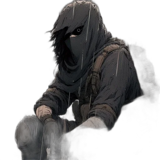 mask, jacket, weapon, face, concept art, comic book art, fantasy art, pixel art transparent PNG cut-out
