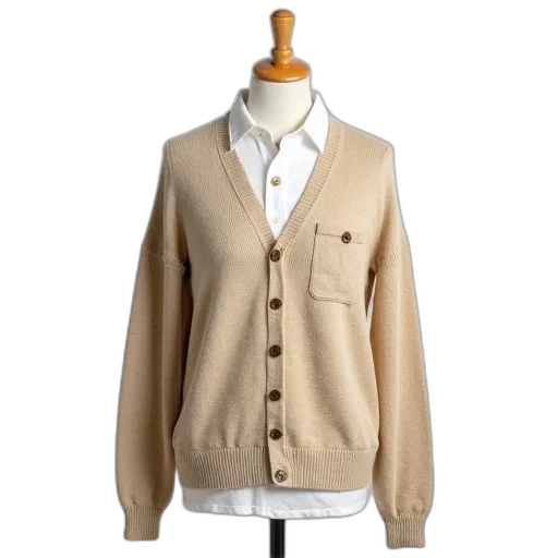 jacket, earth tones, beige, crew, neck, sweater, buttoned, front transparent PNG cut-out