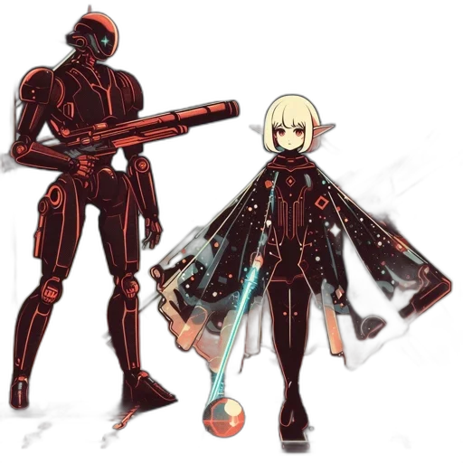 robot, weapon, staff, sword, concept art, cyberpunk, pixel art, anime transparent PNG cut-out