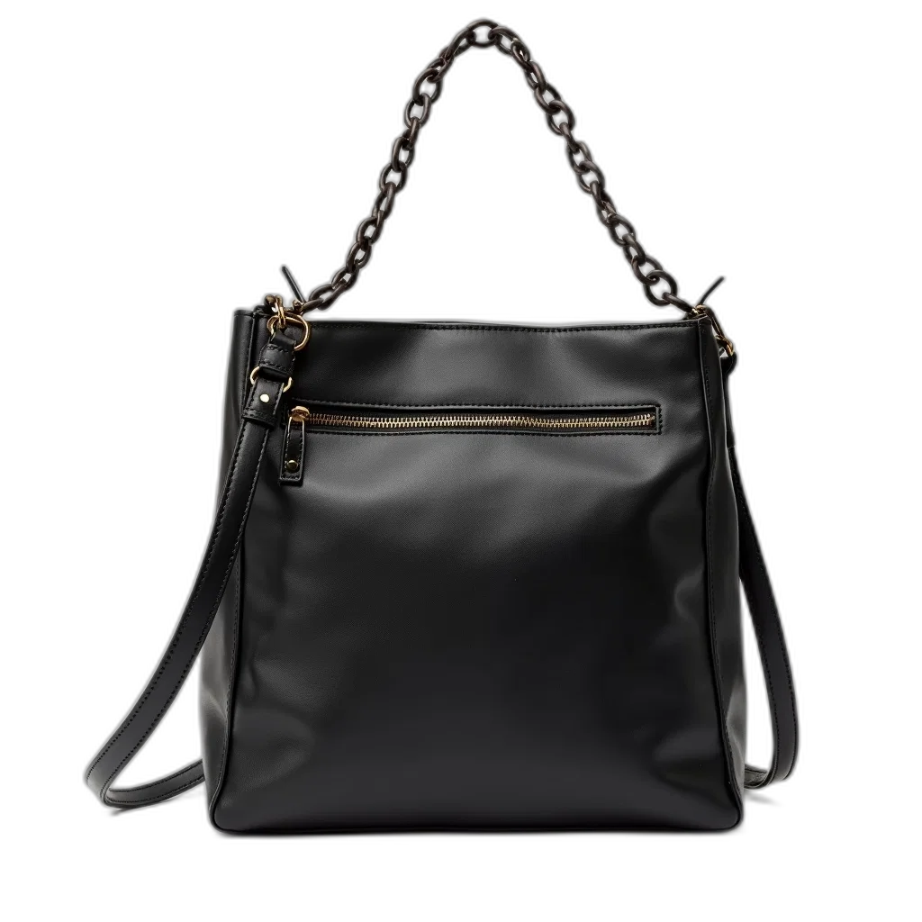 3d render, dark, monochrome, black, leather, handbag, chain, strap transparent PNG cut-out
