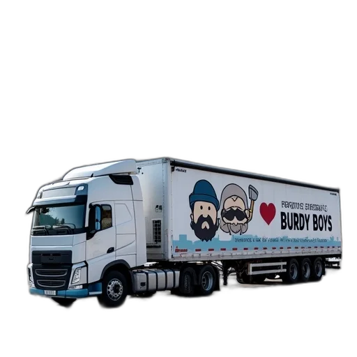white, semi-truck, large, advertisement, side, parked, road, features transparent PNG cut-out