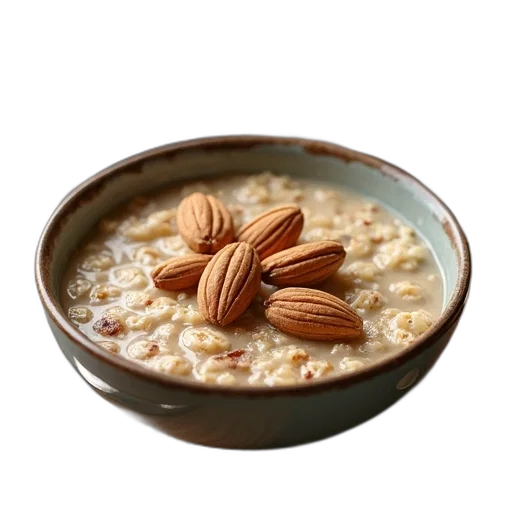 food, bowl, oatmeal, nuts, spoon, wooden, table, accompanied transparent PNG cut-out