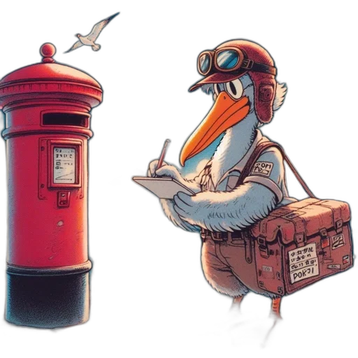 concept art, 3d render, watercolor, cartoon, seagull, postman, uniform, stands transparent PNG cut-out