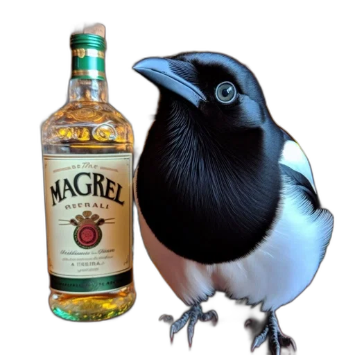 animal, bottle, food, crown, photorealistic, 3d render, magpie, perches transparent PNG cut-out