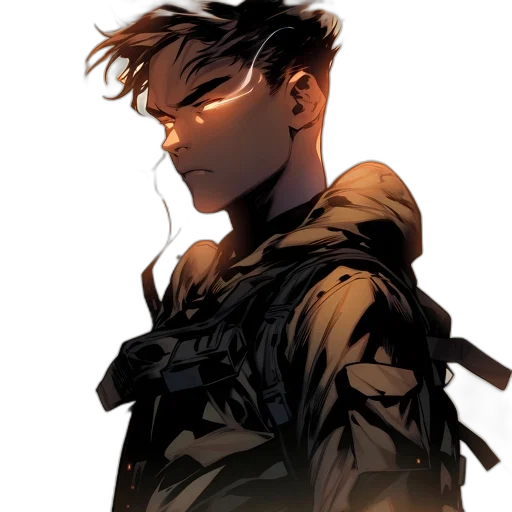 jacket, weapon, comic book art, concept art, cyberpunk, cartoon, earth tones, dark transparent PNG cut-out