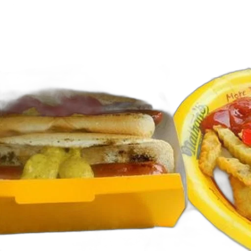 food, 3d render, photorealistic, hot, dog, mustard, ketchup, yellow transparent PNG cut-out
