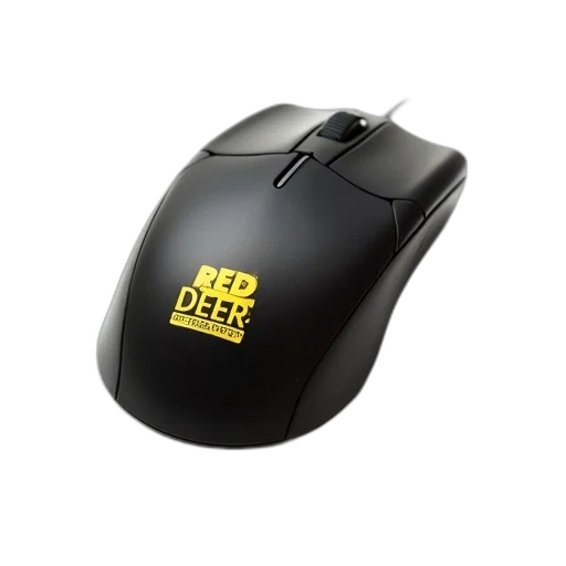 3d render, black, computer, mouse, yellow, label, reads, red transparent PNG cut-out