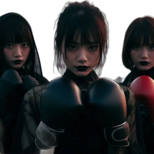 concept art, photorealistic, anime, 3d render, dark, three, women, clothes transparent PNG cut-out