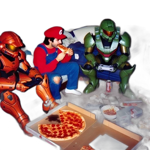 food, concept art, 3d render, comic book art, three, individuals, including, mario transparent PNG cut-out