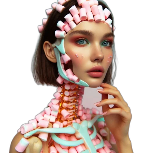jewelry, robot, dress, face, vaporwave, cyberpunk, 3d render, concept art transparent PNG cut-out