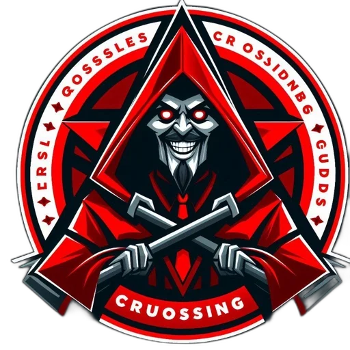 stylized, emblem, features, menacing, figure, red, cloak, eyes transparent PNG cut-out