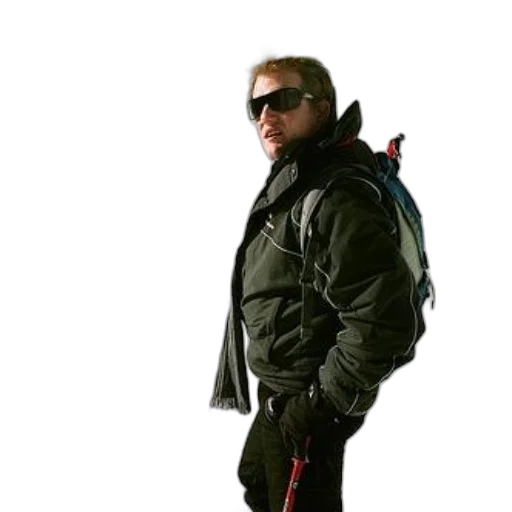 jacket, staff, 3d render, man, black, sunglasses, stands, snowy transparent PNG cut-out